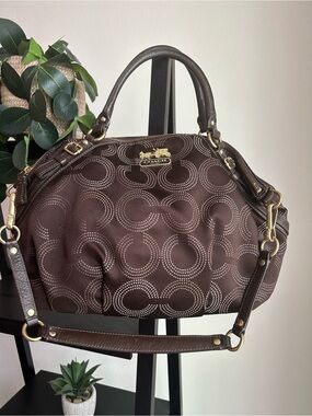 Coach Madison Dotted Op Art Sophia Brown Satchel with shoulder strap